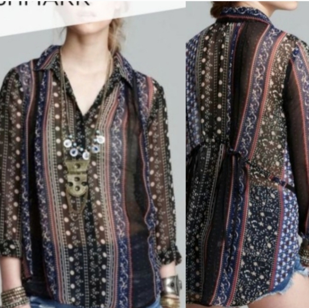 Free People Sheer Patchwork Print Button Down Blo… - image 1